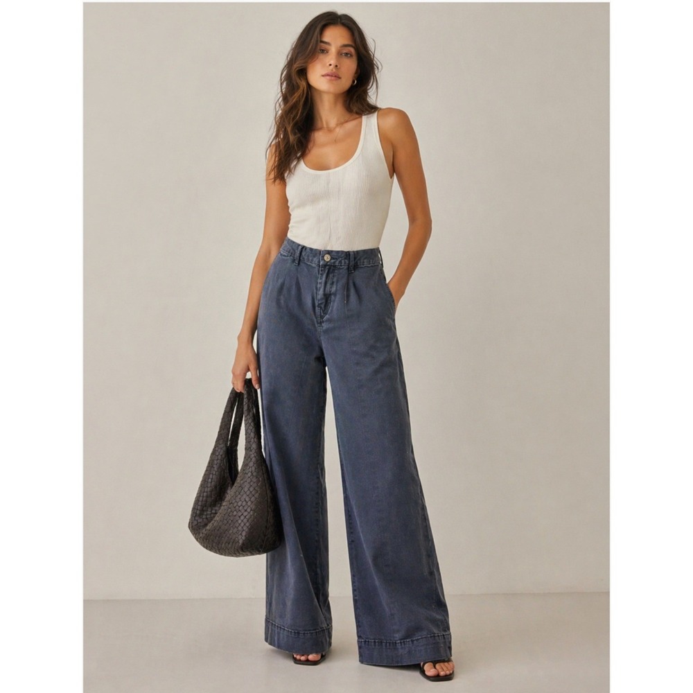 Christopher Blue Wide Leg Pants Sz 10 Faded Blue Black High Rise Stretch Tall‎